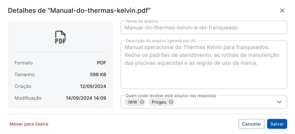 Diálogo de detalhes de um PDF: à esquerda formato, tamanho e datas; à direita o nome do arquivo, a descrição gerada por IA e o campo “quem pode receber este arquivo nas respostas”.