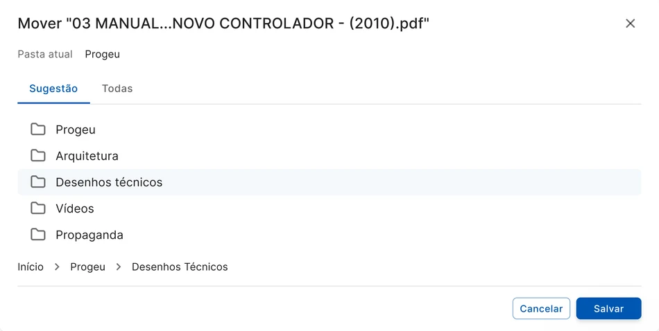Diálogo de mover arquivo, com abas de sugestão e todas as pastas, lista de destinos e a trilha “Início › Progeu › Desenhos Técnicos”.