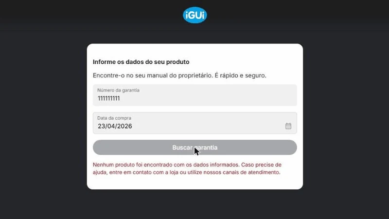 Busca por uma garantia que o sistema não encontra: o botão passa a "Verificando dados…" e a resposta diz que nenhum produto foi encontrado e que o cliente deve procurar a loja.