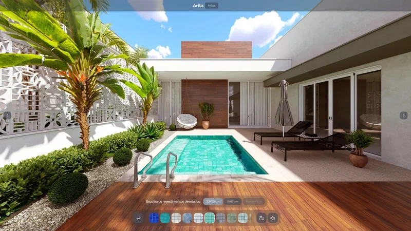 Tela de um modelo de piscina com a barra de revestimentos na base; a cada toque num swatch a piscina inteira troca de acabamento.